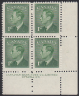Canada 1949 MNH Sc #284 1c George VI Plate 1 LR - Plate Number & Inscriptions