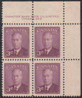 Canada 1949 MNH Sc #286 3c George VI Plate 2 UR - Plattennummern & Inschriften