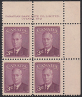 Canada 1949 MNH Sc #286 3c George VI Plate 2 UR - Plate Number & Inscriptions