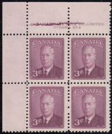 Canada 1949 MNH Sc #286 3c George VI Plate 4 UL Cracked Plate - Plate Number & Inscriptions