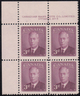Canada 1949 MNH Sc #286 3c George VI Plate 5 UL - Plate Number & Inscriptions