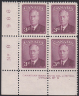 Canada 1949 MNH Sc #286 3c George VI Plate 8 LL - Plate Number & Inscriptions