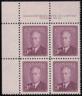 Canada 1949 MNH Sc #286 3c George VI Plate 12 UL - Plate Number & Inscriptions