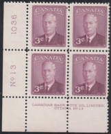 Canada 1949 MNH Sc #286 3c George VI Plate 13 LL - Plate Number & Inscriptions