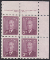 Canada 1949 MNH Sc #286 3c George VI Plate 14 UR - Plaatnummers & Bladboorden