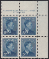 Canada 1949 MNH Sc #288 5c George VI Plate 2 UR - Plate Number & Inscriptions