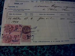 Timbre Fiscaux DA De 1 Fr, &  20 Fr  Sur Facture " J. Puech Dépositaire Gasoil   à Albi 1938 - Cartas & Documentos