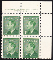 Canada 1950 MNH Sc #289 1c George VI Plate 2 UR - Plate Number & Inscriptions