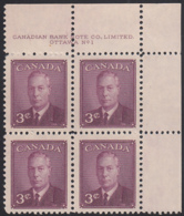 Canada 1950 MNH Sc #291 3c George VI Plate 1 UR - Plattennummern & Inschriften