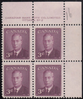 Canada 1950 MNH Sc #291 3c George VI Plate 2 UR - Num. Planches & Inscriptions Marge