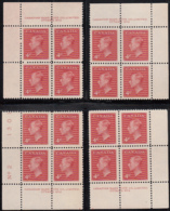 Canada 1950 MNH Sc #292 4c George VI Plate 2 Set Of 4 - Num. Planches & Inscriptions Marge