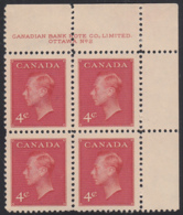 Canada 1950 MNH Sc #292 4c George VI Plate 2 UR - Plaatnummers & Bladboorden
