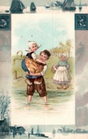 Carte Gaufrée Fantaisie Avec Faïence De Delft (Pays-Bas) - Enfants En Costume Hollandais: Passage De La Rivière - Verzamelingen & Reeksen