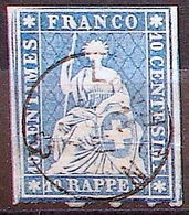 II.Periode Faden Hellrot 1855: 10 RAPPEN Blau Bleu Zu 23 Cc Mi 14IIAyoc Yv 27a Mit O LACHEN 14 JUN 57 (Zu CHF 100.00) - Gebraucht