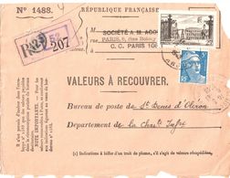 3168 PARIS 123 Valeur à Recouvrer Gandon 5 F Yv 719B 25 F Stanislas Yv 778 Tf 1/3/45 St Denis D'Oléron Recommandé - Cartas & Documentos