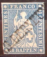 II.Periode Faden Hellrot 1855: 10 RAPPEN Blau Bleu Zu 23 Cc Mi 14IIAyoc Yv 27a Mit Stab-o NIEDERNEUFORN  (Zu CHF 100.00) - Gebraucht