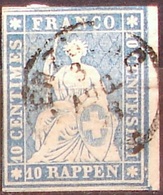 II.Periode Faden Rot Fil Rouge 1858: 10 RAPPEN Graublau Bleu-gris Zu 23 Ce Mi 14IIAyoe Yv 27a O LENZBURG (Zu CHF 80.00) - Gebraucht