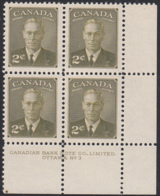 Canada 1951 MNH Sc #305 2c George VI Plate 3 LR - Plate Number & Inscriptions