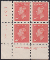 Canada 1951 MNH Sc #306 4c George VI Plate 11 LL - Plate Number & Inscriptions