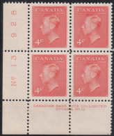 Canada 1951 MNH Sc #306 4c George VI Plate 13 LL - Plaatnummers & Bladboorden