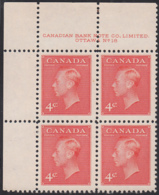 Canada 1951 MNH Sc #306 4c George VI Plate 18 UL - Plate Number & Inscriptions