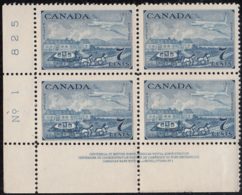 Canada 1951 MNH Sc #313 7c Stagecoach, Airplane Plate 1 LL - Plate Number & Inscriptions