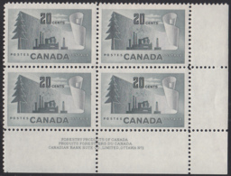 Canada 1952 MNH Sc #316 20c Forestry Products Plate 1 LR - Num. Planches & Inscriptions Marge