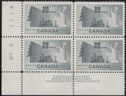 Canada 1952 MNH Sc #316 20c Forestry Products Plate 2 LL - Plate Number & Inscriptions