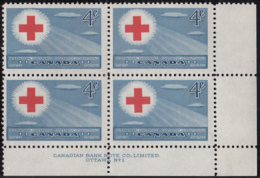 Canada 1952 MNH Sc #317 4c Red Cross Conference Plate 1 LR - Num. Planches & Inscriptions Marge