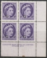 Canada Sc O44 Official MNH LR Plate Block With Toning Mark - Surchargés