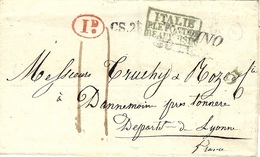 1832- Lettre De Torino  Pour Tonnerre -entrée" ITALIE / P.LE PONT DE / BEAUVOISIN" Bleu - Marques D'entrées