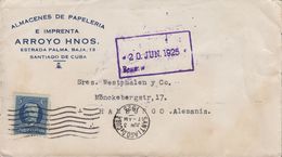 Cub. ARROYO HERMANOS Almacenes De Papeleria SANTIAGO DE CUB. 1925 Cover Letra HAMBURG Germany - Covers & Documents