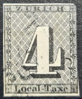SWITZERLAND 1843 - Canceled - Sc# 1L1 (red Vertical Lines) - 4r - 3 Full Margins, Thin On Upper Right Corner! - 1843-1852 Federale & Kantonnale Postzegels