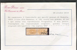 SOMALIA 1923 PACCHI POSTALI LIRE  3 SASSONE N. 19 ** MNH C. DIENA - Somalia