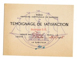 Ecole Primaire Communale De Garcons Témoignage De Satisfaction Gerard Claude  1938 Paris - Historical Documents