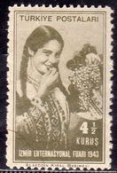 TURCHIA TURKÍA TURKEY 1943 IZMIR INTERNATIONAL FAIR GIRL WITH GRAPES 4 1/2k MNH - Unused Stamps