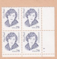 Sc#2943 Plate # Block Of 4, 78-cent Alice Paul Great Americans 1995 Issue Stamps - Números De Placas
