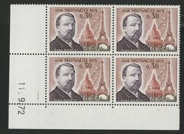 MONACO N° 921 Cote 2.8 € Bloc De 4 Neuf ** (MNH) Avec Coin Daté Du 11/9/73 "Eugène Ducretet" - Unused Stamps