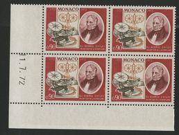 MONACO N° 928 Cote 3.2 € Bloc De 4 Neuf ** (MNH) Avec Coin Daté Du 11/7/72 "Sir Georges Cayley" - Unused Stamps