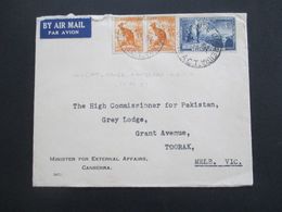 Australien 1951 Air Mail Umschlag Minister For External Affairs Canberra An Commissioner For Parkistan Grey Lodge Toorak - Storia Postale
