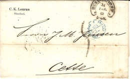 1869- Letter From DUSSELDORF To Cette ( South Of France ) Rating 5 D. Tampon -entrée 3 PRUSSE 3 ERQUELINES Bleu - Marques D'entrées