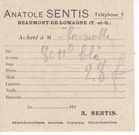 1590 Ticket  Bon VENTE  Blé  Anatole SENTIS à Beaumont De Lomagne 82 Tarn Et Garonne - Agricultura