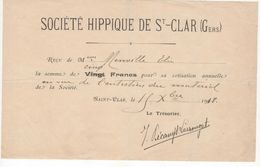 1592 Reçu 1918  Cotisation Entretien Du Matériel Société Hippique De St CLAR GERS 32  Trésorier Décamps Larrouget - Agriculture