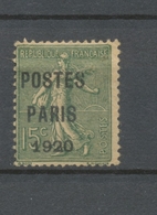 France Préoblitérés N°25 15c Vert Olive POSTES PARIS 1920 Signé Calves TB AA160 - 1893-1947