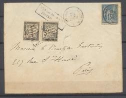 1883 Env. Avec Taxes N°14 Et 19 Obl T + N°90 15c Bleu Paris Pour Paris P3720 - 1859-1959 Storia Postale