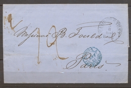 1861 Lettre De Hambourg , Càd Bleu Tour-T, 2/Valenciennes 2, PARIS PR 3+4 X1234 - Entry Postmarks