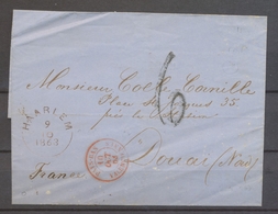 1863 Lettre Cachet Pays-Bas/Valenciennes Càd Entrée Rouge Rarissime X1289 - Marques D'entrées