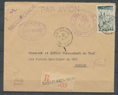 1939 Env En FM + 2f Vert Par Avion En Recommandé Obl. CASABLANCA NAVAL X3714 - Maritieme Post