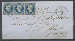 1856 20c. De Trop Sur Lettre D'Avignon à St Flour, Bande De 3 N°14 Foncé X4046 - 1849-1876: Période Classique