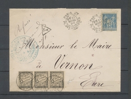 1889 Env. 15c Sage Bleu, Taxe 15c Dentelé Noir Bande De 3 (rare), Superbe X4803 - 1859-1959 Briefe & Dokumente